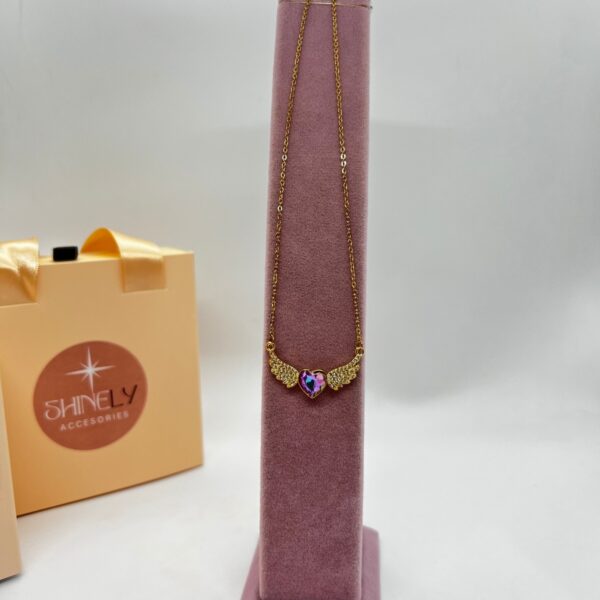 316L Çelik Pembe Taş Melek Kanadı Gold Kolye